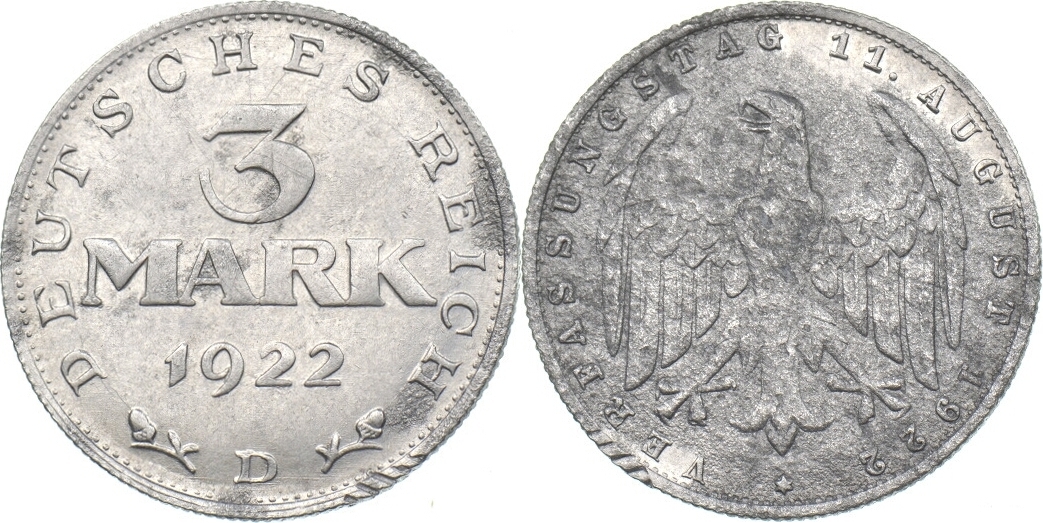 Weimar 3 Mark 1922 D ss | MA-Shops