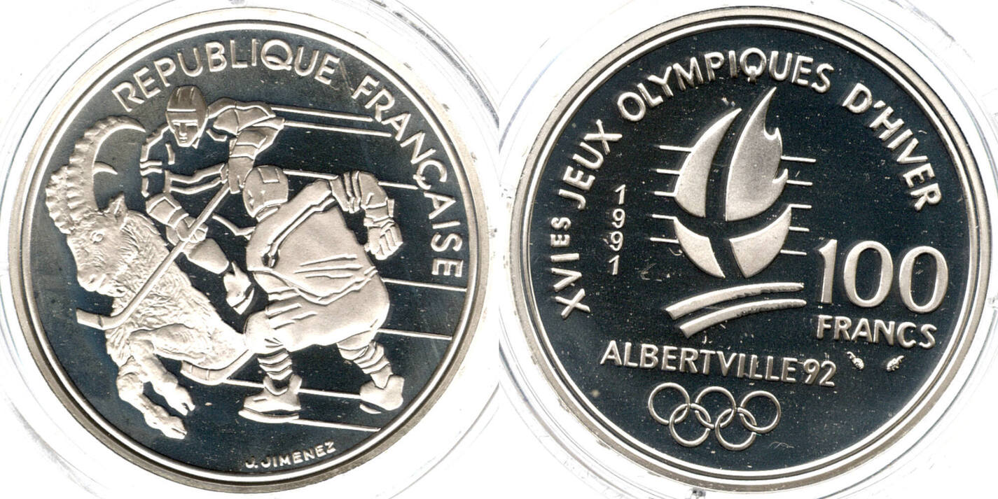Frankreich 100 Francs 1991 Olympische Spiele 1992, Albertville, Hockey