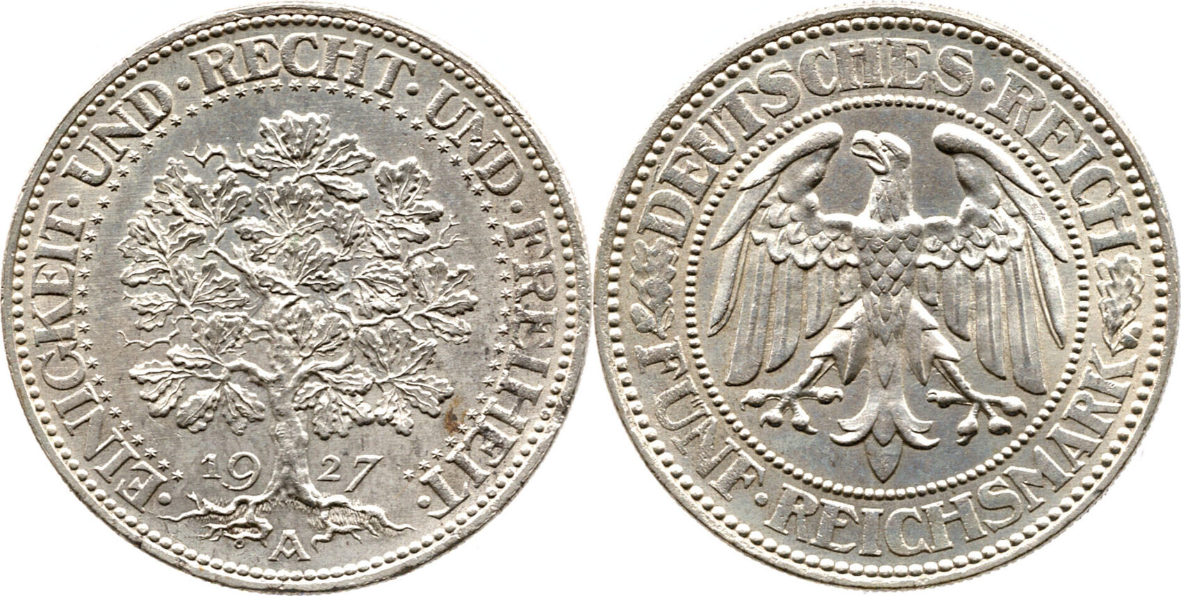 Weimarer Republik 5 Mark 1927 Münzzeichen