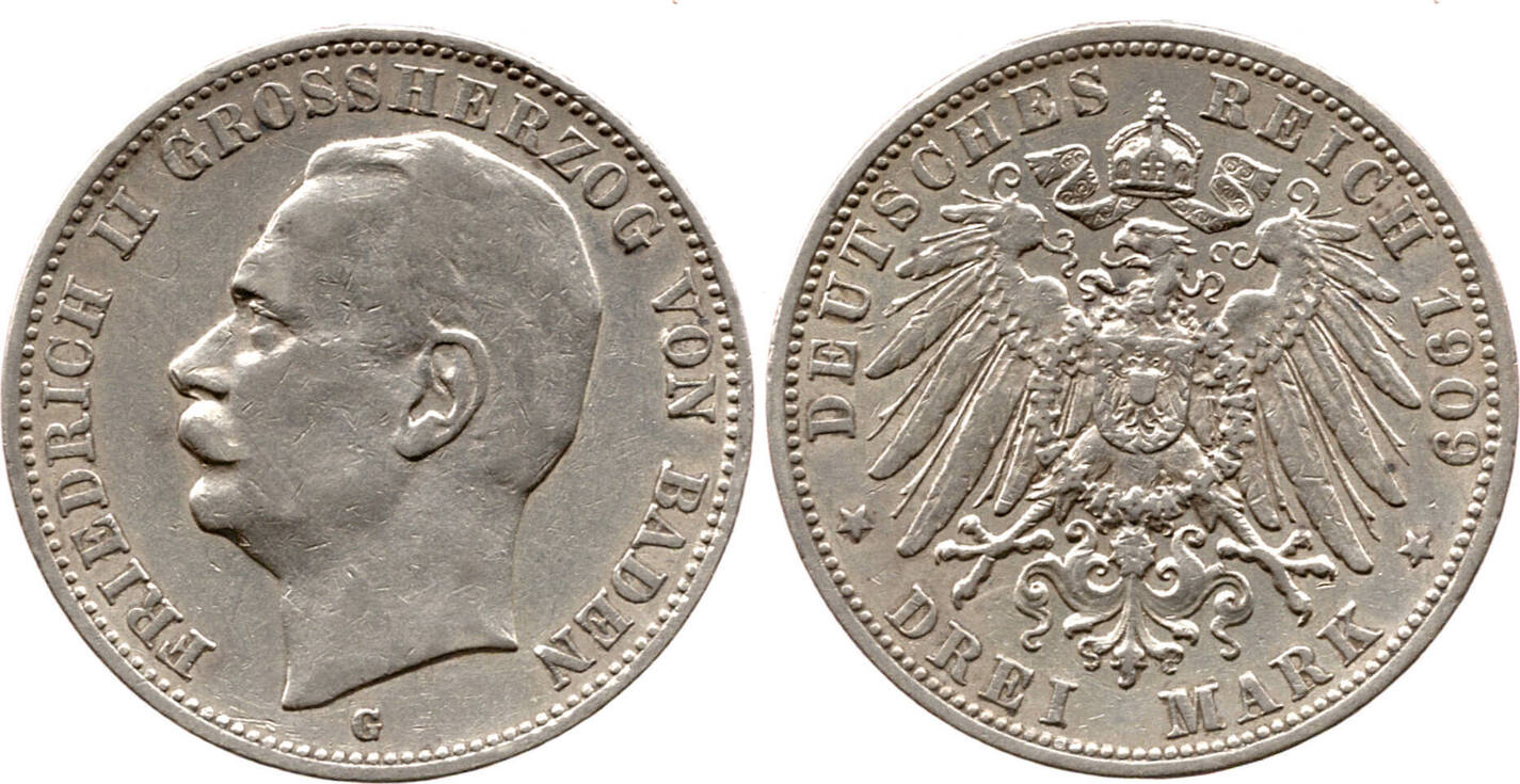 Kaiserreich / Herzogtum Baden 3 Mark 1909 GOTT MIT UNS, 19081915