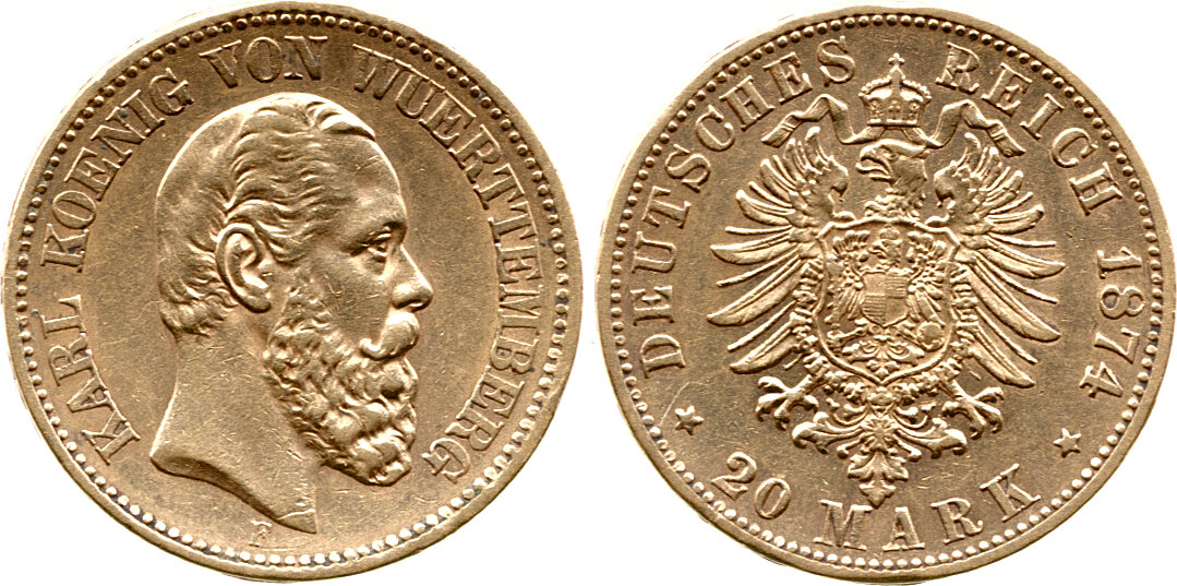 Deutsches Kaiserreich / Württemberg 20 Mark 1874 Charles I, Karl I ...