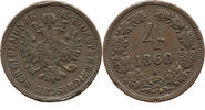 Österreich-Ungarn 4 Kreuzer 1860 A Franz Joseph I, 1848 - 1916, Kaiserlicher Adler, Haus Habsburg sehr schön+ (SS+), Randfehler