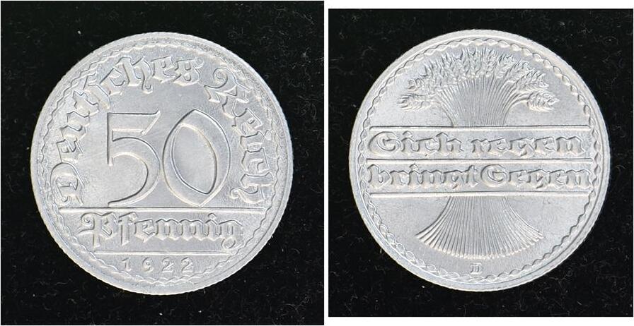 Weimarer Republik 50 Pfennig 1922 D Fast Stempelglanz | MA-Shops