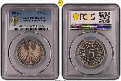 Bundesrepublik Deutschland 5 DM 1958 D PR66CAM. Polierte Platte
