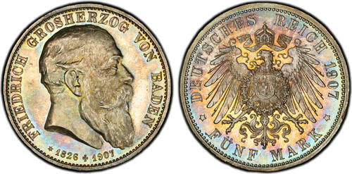 Baden 5 Mark 1907 Friedrich I. 1856-1907. PCGS MS66. Schöne Tönung. Feiner Stempelglanz