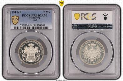 Hamburg 2 Mark 1911 J PCGS PR64CAM. Polierte Platte
