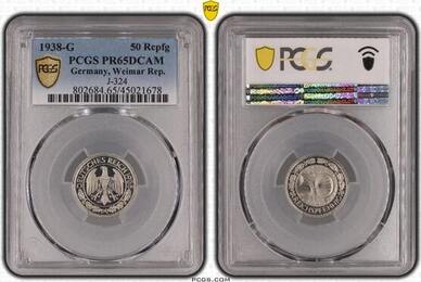 Weimarer Republik 50 Pfennig 1938 G PCGS PR65DCAM. Polierte Platte