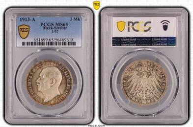 Mecklenburg-Strelitz 3 Mark 1913 A Adolf Friedrich V. 1904-1914. PCGS MS65. Stempelglanz
