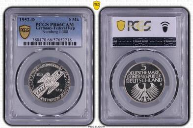 Bundesrepublik Deutschland 5 DM 1952 D PCGS PR66CAM. Feinste Polierte Platte
