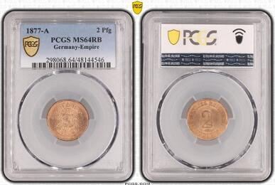 Kleinmünzen 2 Pfennig 1877 A PCGS MS64RB. Stempelglanz