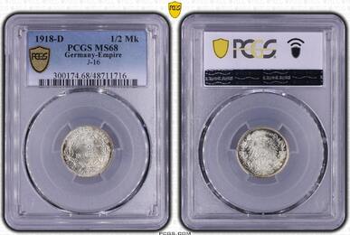 Kleinmünzen 1/2 Mark 1918 D PCGS MS68. Allerfeinster Stempelglanz
