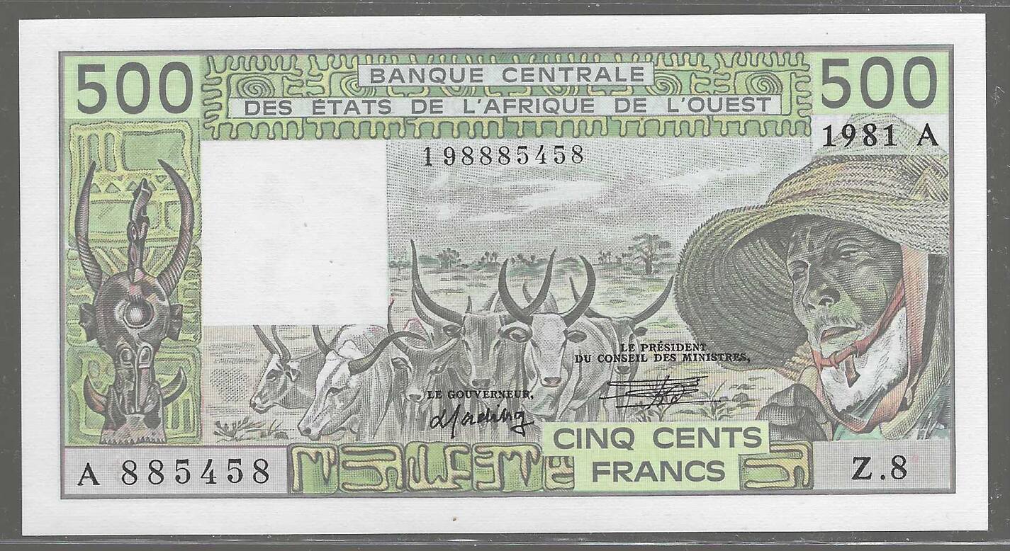 B.C.E.A.O. A=CÔTE D' IVOIRE. 500 Francs. 1981. Alphabet: Z.18. Fast NEU ...