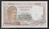50 Francs 13.05.1937. FRANCE . CÉRÈS. Alphabet: Z.6180. Sehr schön/vorzüglich (Falten)