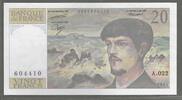 20 Francs. 1987. FRANCE. DEBUSSY. Komponist, Compositeur.Alphabet: A.022  . Gutes sehr schön .