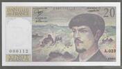 20 Francs. 1988. FRANCE. DEBUSSY. Komponist, Compositeur.Alphabet: A.023. NUMMER, NUMÉRO:000112  . Fast NEU/I-.