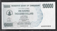 ZIMBABWE. 100000 Dollars Ohne Abstand. Sans espace . Serie: AA, N° 0000402 . -