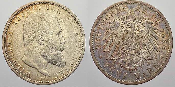 Württemberg 5 Mark 1898 F Wilhelm II. 18911918. Sehr schönvorzüglich