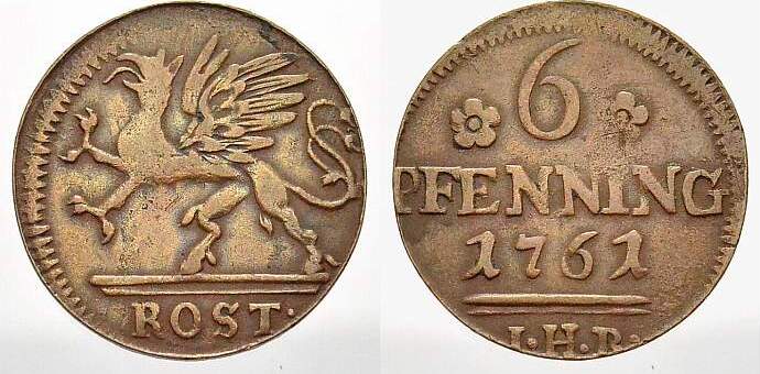 MecklenburgRostock, Stadt Cu 6 Pfennig 1761 Überdurchschnittlich