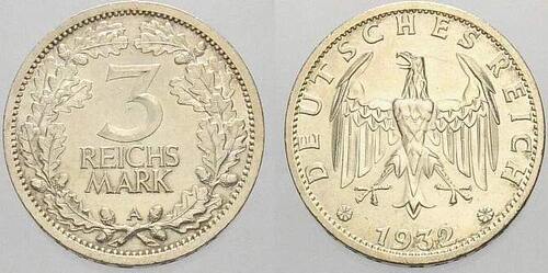 Weimarer Republik 3 Reichsmark 1932 A Fast Stempelglanz