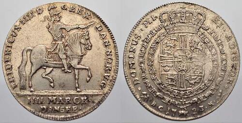 Dänemark 4 Mark Danske (Krone) 1723 Friedrich IV. 1699-1730. Attraktives Exemplar. Vorzüglich mit Pr
