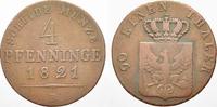 Brandenburg-Preußen Cu 4 Pfennige 1821 B Friedrich Wilhelm III. 1797-1840. Sehr selten. Fast sehr schön