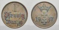 Danzig 1 Pfennig (Bronze) 1937 Vorzüglich+ mit schöner Patina