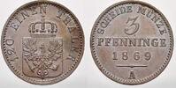 Cu 3 Pfennig 1869  A Brandenburg-Preußen Wilhelm I. 1861-1888. Vorzüglich mit Prägeglanz