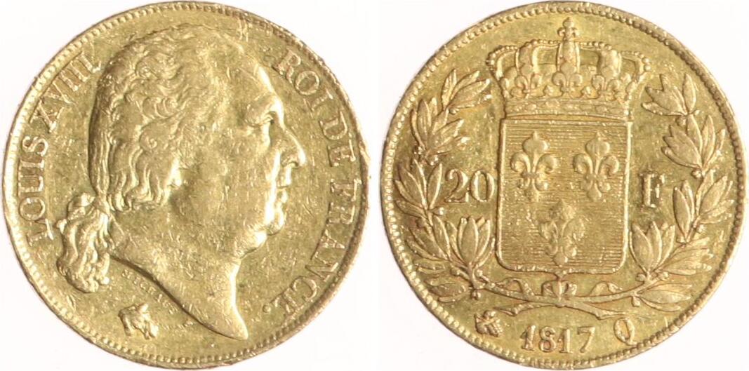 Frankreich 20 Francs 1817 Q Louis XVIII. 1814, 18151824. Sehr schön