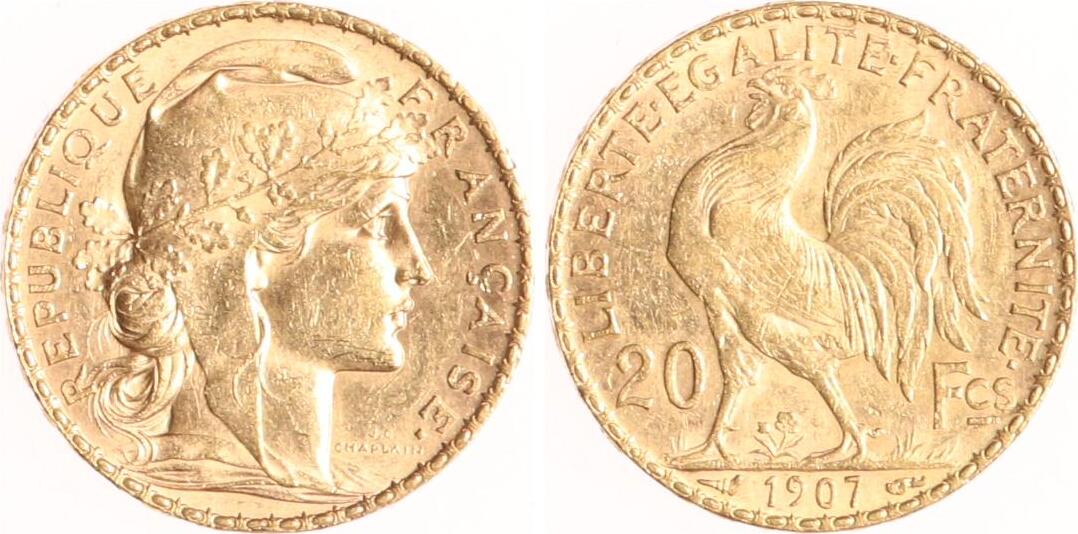 Frankreich 20 Francs 1907 Dritte Französische Republik. Vorzüglich MA