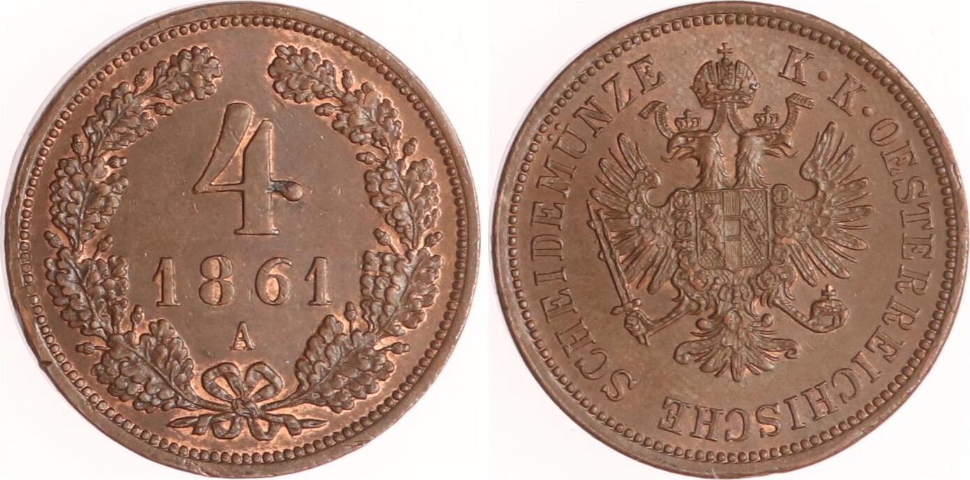 Österreich 4 Kreuzer 1861 A Franz Joseph I. 1848-1916. Vorzüglich ...