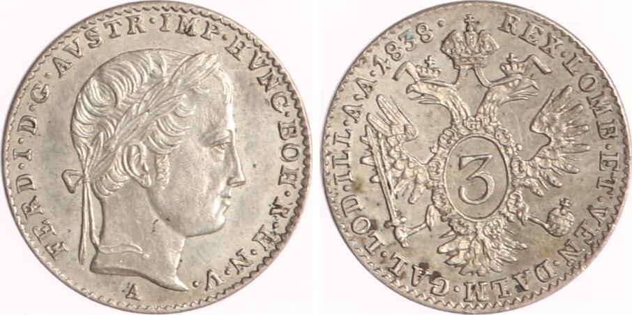 Österreich 3 Kreuzer 1838 A Ferdinand I. 1835-1848 Vorzüglich ...