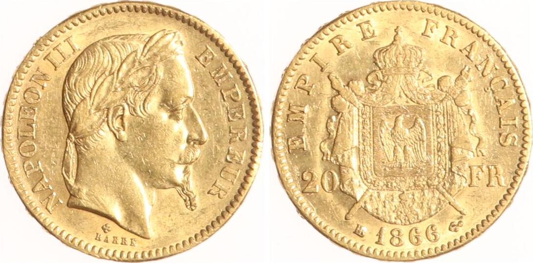 Frankreich 20 Francs 1866 BB Napoleon III. 18521870. Vorzüglich
