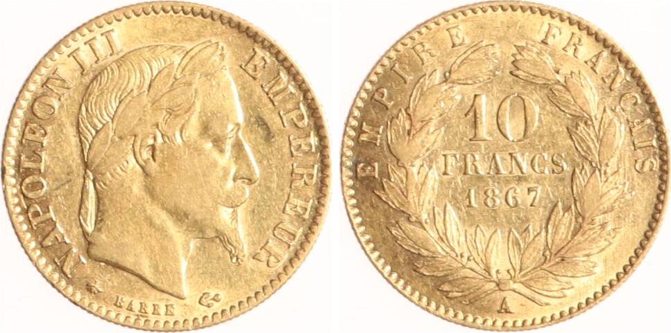 Frankreich 10 Francs 1867 A Napoleon III. 18521870. Sehr schön