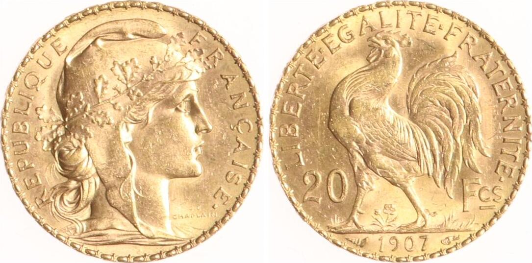 Frankreich 20 Francs 1907 Dritte Französische Republik. Vorzüglich