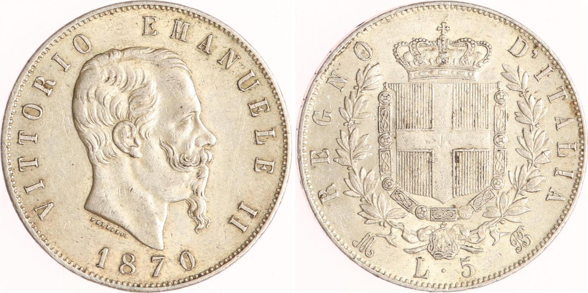 Italien 5 Lire 1870 Vittorio Emanuele II. 18611878. Sehr schön
