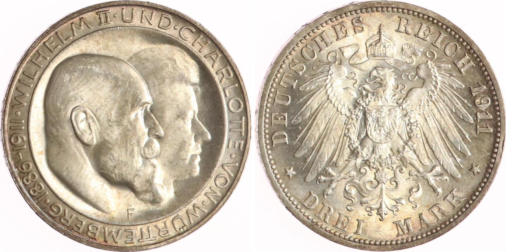 Wrttemberg 3 Mark 1911 F Wilhelm II. 1891-1918. Fast Stempelglanz  MA-Shops