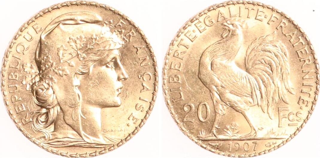 Frankreich 20 Francs 1907 Dritte Französische Republik. Vorzüglich