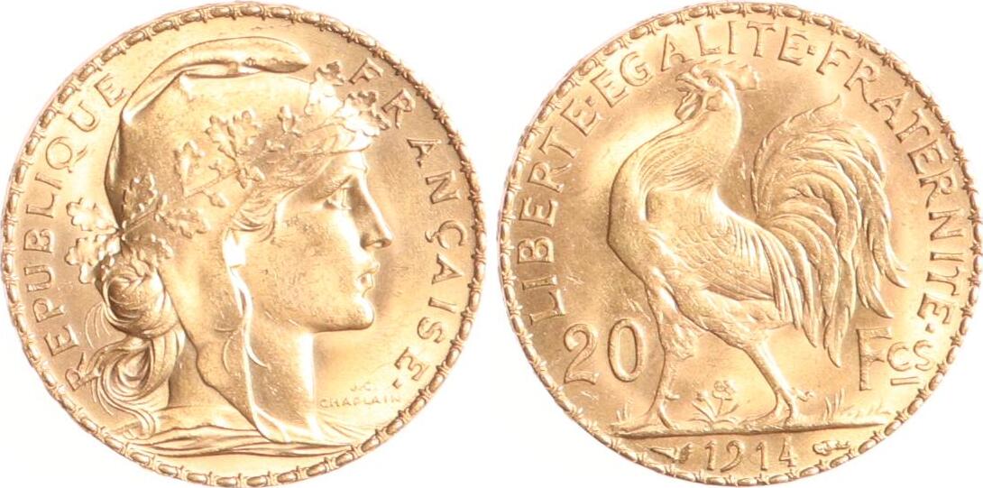 Frankreich 20 Francs 1914 Dritte Französische Republik. Vorzüglich