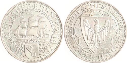 Weimarer Republik 5 Reichsmark 1927 A Bremerhaven. Vorzüglich