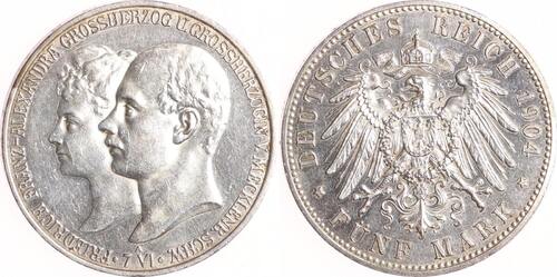 Mecklenburg-Schwerin 5 Mark 1904 A Friedrich Franz IV. 1897-1918. Vorzüglich