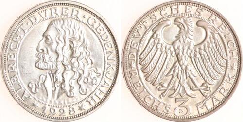 Weimarer Republik 3 Reichsmark 1928 D Dürer. Vorzüglich