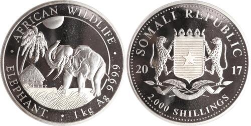 Somalia 2000 Shillings 2017 1 Kilo - African Wildlife - Elephant. Polierte Platte in Originalkapsel
