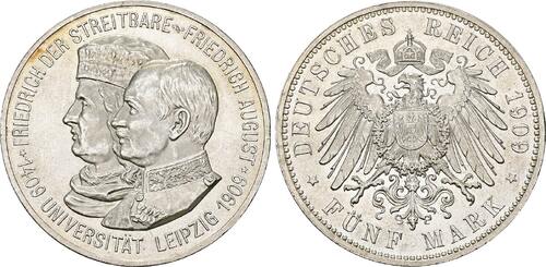 Sachsen 5 Mark 1909 (E) Friedrich August III. 1904-1918 Vorzüglich - Stempelglanz