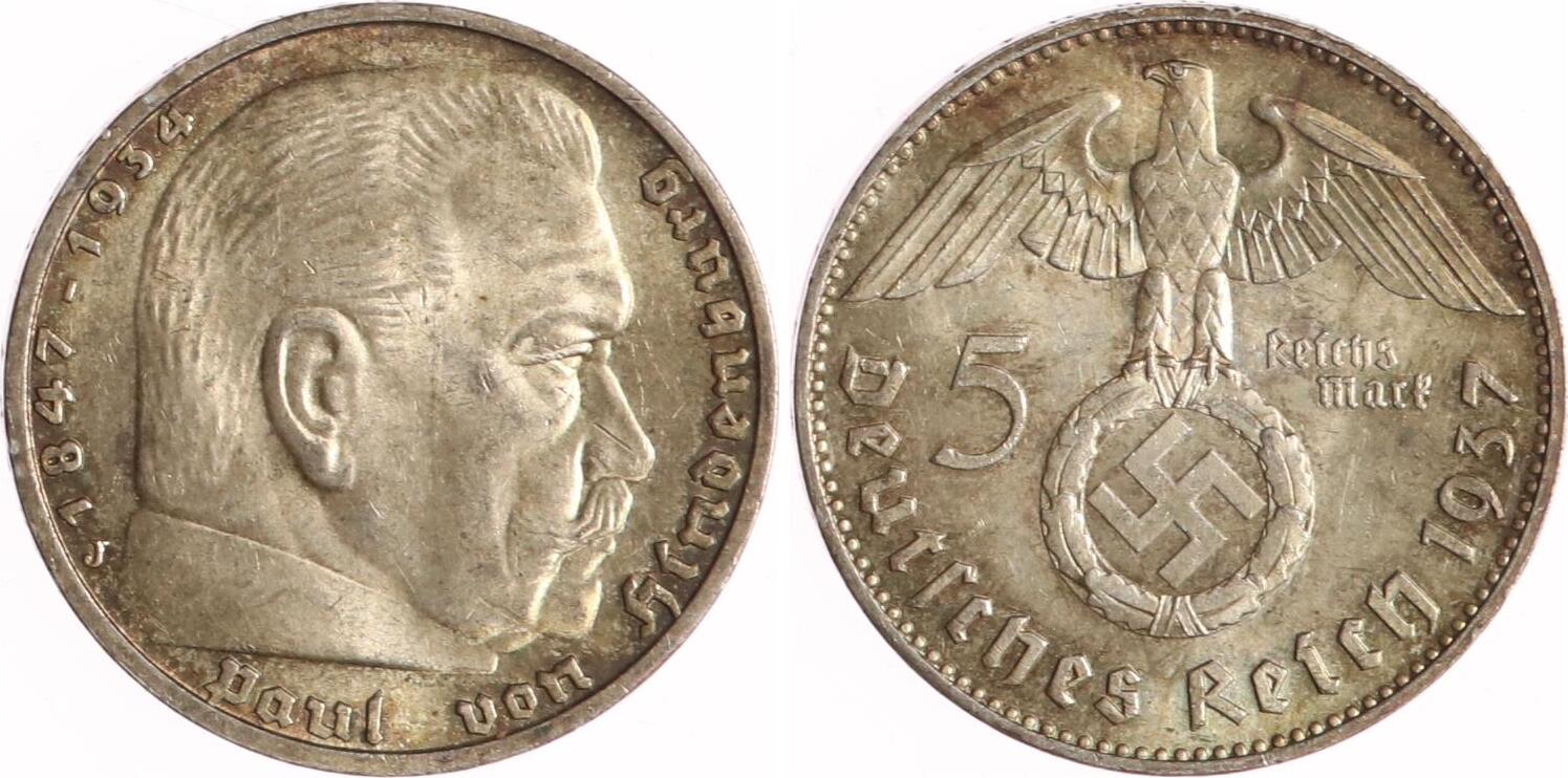 Was Sind 5 Reichsmark Wert Mit Hakenkreuz Drittes Reich 5 Reichsmark 1937 J Paul von Hindenburg - mit Hakenkreuz