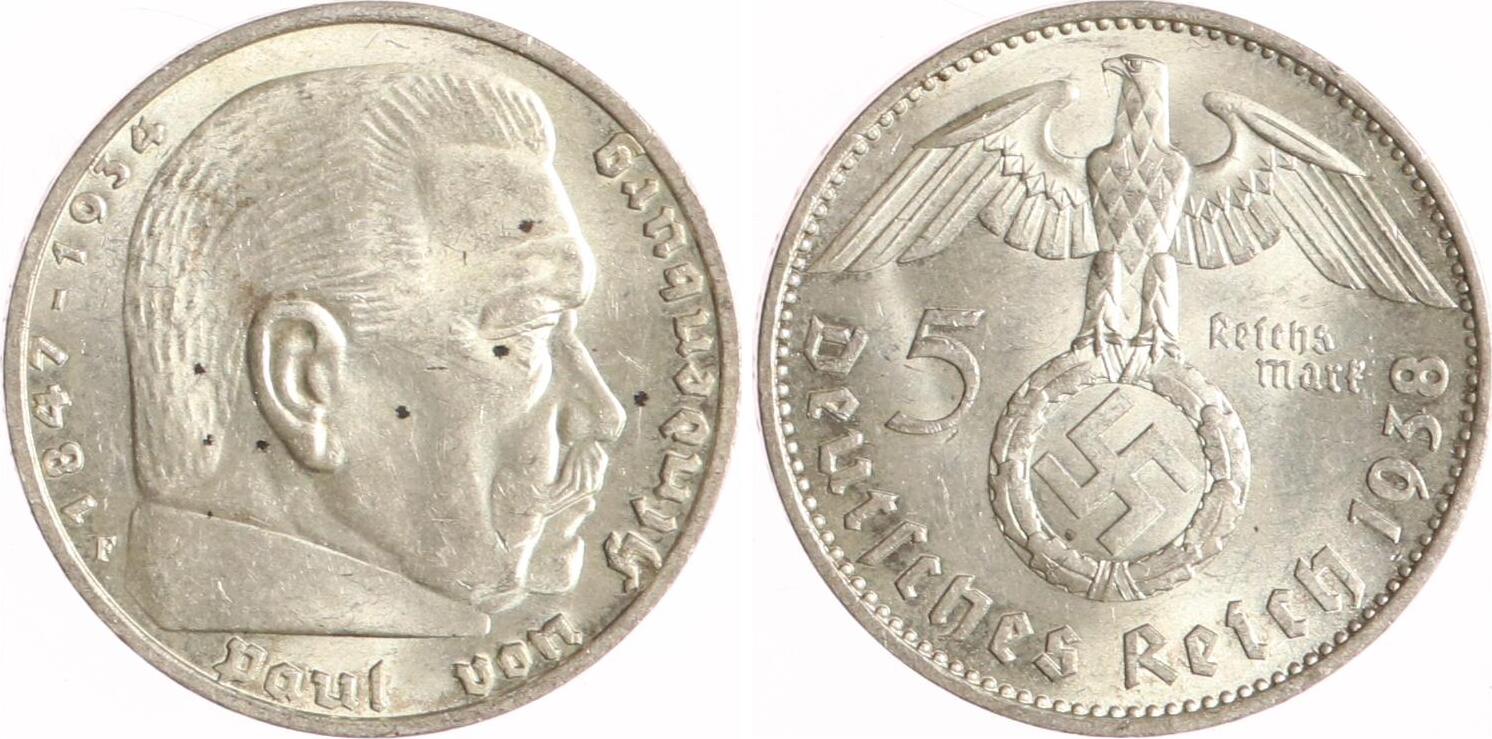 Was Sind 5 Reichsmark Wert Mit Hakenkreuz Drittes Reich 5 Reichsmark 1938 F Paul von Hindenburg - mit Hakenkreuz