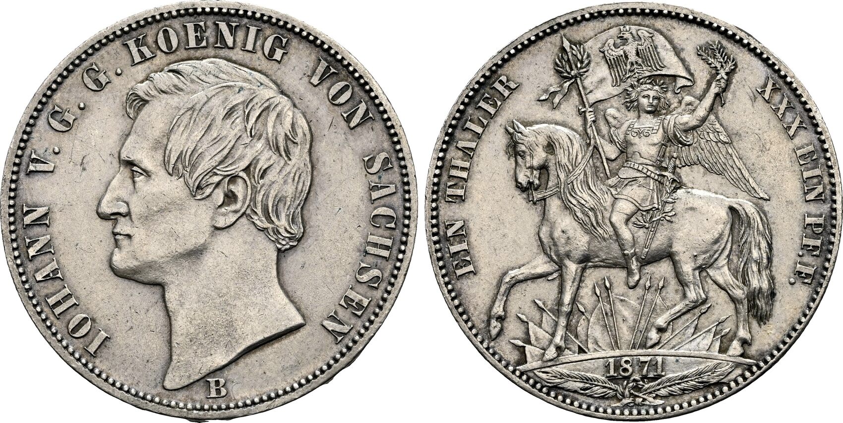 Sachsen, Königreich Vereinstaler 1871 B, Johann, 18541873 Vorzüglich