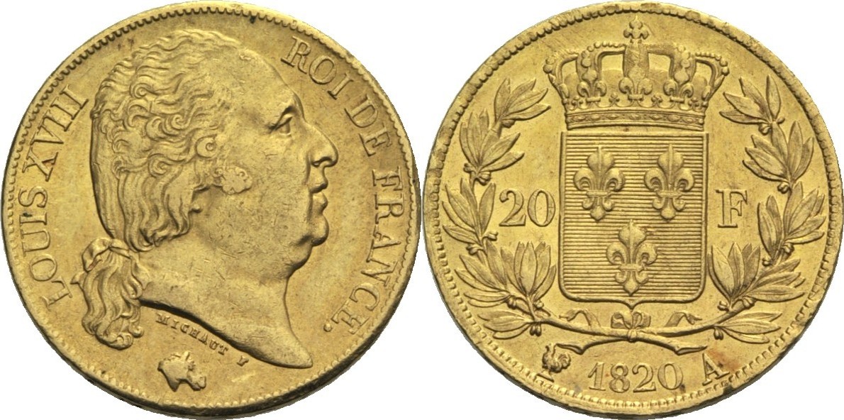 Frankreich 20 Francs 1820 A Ludwig XVIII. 1814, 18151824 ss+