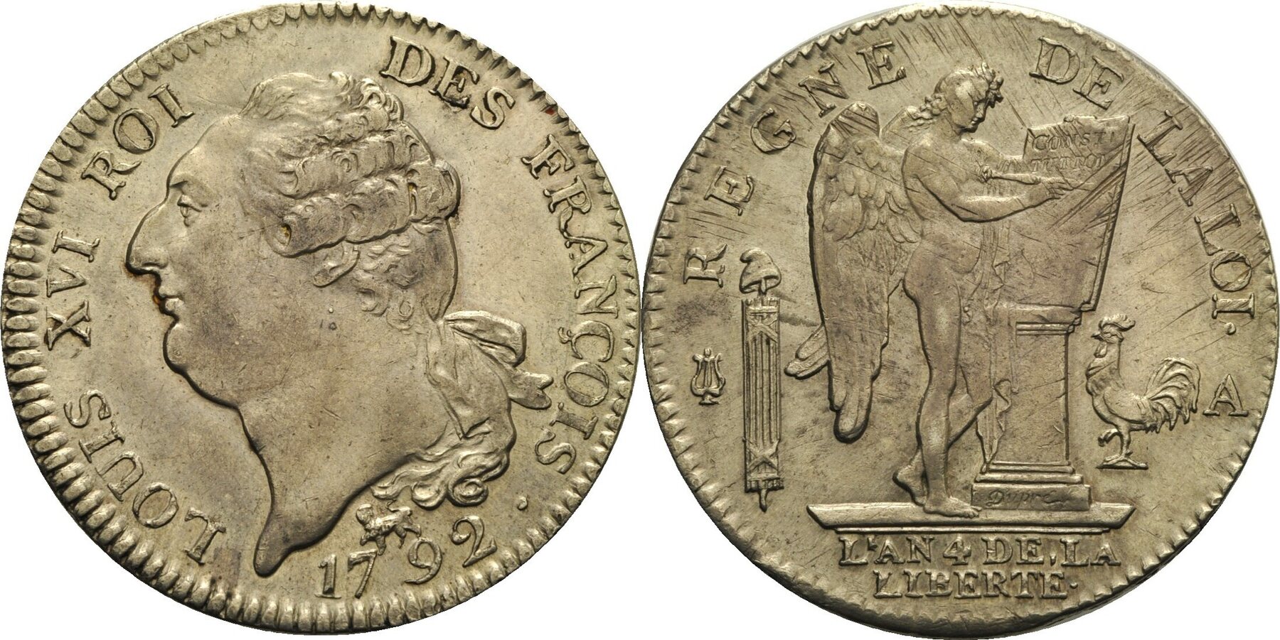 Frankreich Ecu de 6 Livres 1792, Paris Ludwig XVI. Justierspuren, Kl