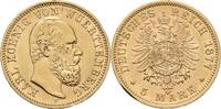 Württemberg 5 Mark 1877 F Karl Druckstellen + Rf., ss-vz