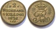 Weltmünzen skilling #8374 - Danemark 2 rigsbank 1836 TTB+/SUP Belle qualité -